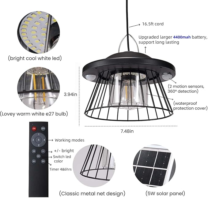 HULPPRE 3000lm Solar Light Indoor&Outdoor,Solar Shed Light Daytime or Night,Classic Metal with E27 Bulb,Cool or Warm White,5 Modes LED Pendant Lamp for Barn,Chicken Coop,Patio,Garden,Yard,Gazebo