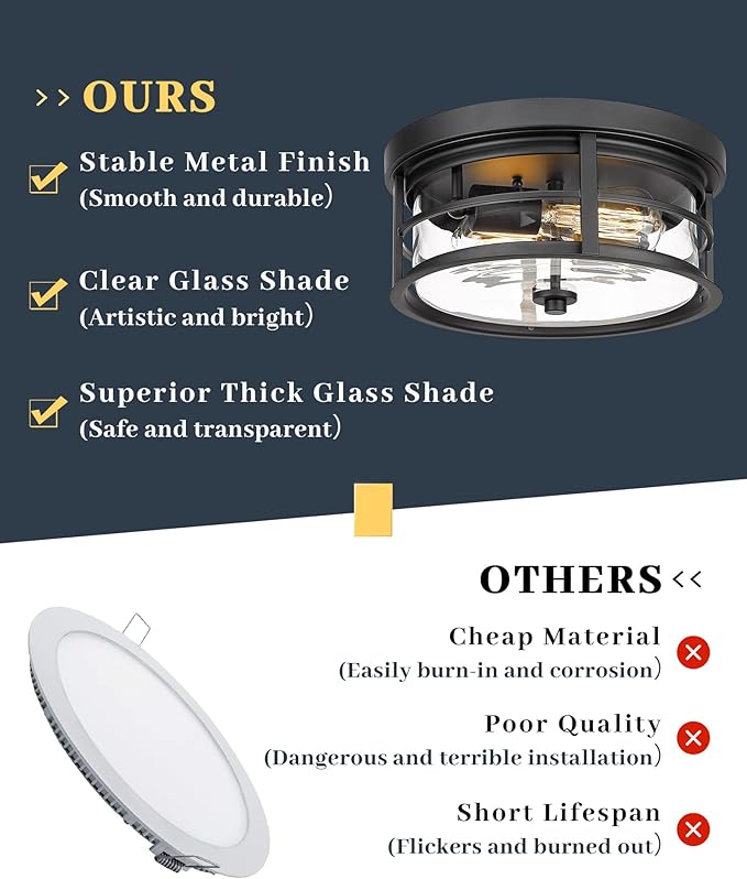 EAPUDUN Flush Mount Ceiling Light, 12inch 2-Light Metal Close to Ceiling Light Fixture, Matte Black Finish with Clear Glass Shade for Hallway Entryway Bedroom Porch FMA1412-MBK