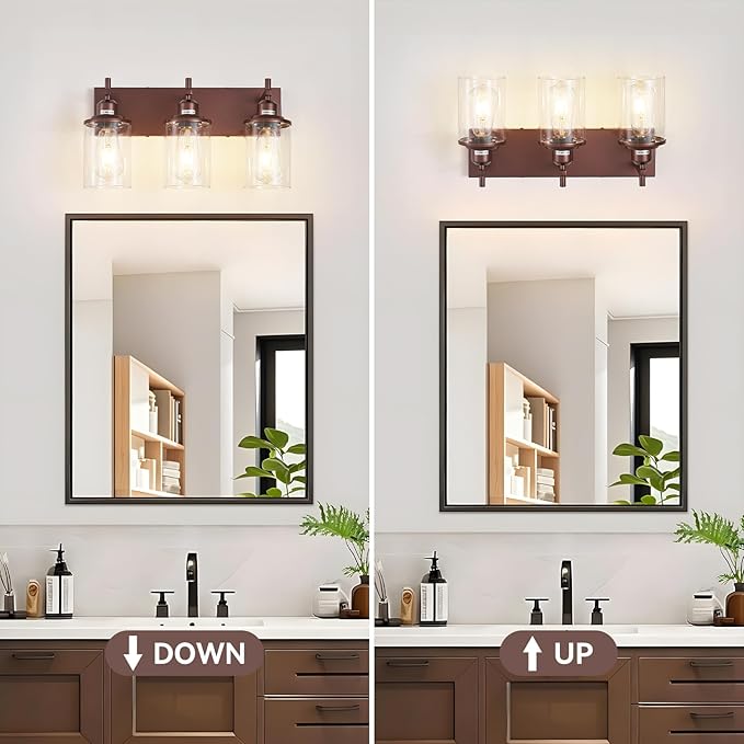 Lanhall 3-Light Bronze Bathroom Light Fixtures Over Mirror,Modern Bathroom Vanity Light with Clear Glass Shade, Wall Sconce for Bathroom Hallway Cabinet Bedroom Kitchen Living Room Foyer E26 Base