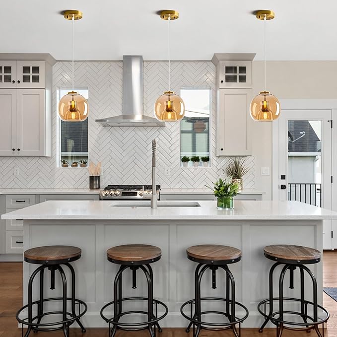Amber Glass Pendant Lights Kitchen Island Gold Hanging Light Fixture Glass Globe Pendant Light Modern Pendant Lighting for Kitchen Island Bedroom Dining Room (7.87", 3 Pack)