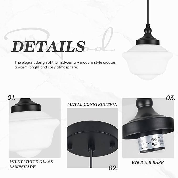 Bagood 8" Black Milk Glass Pendant Light Schoolhouse Pendant Light Schoolhouse Light Fixture Milk Glass Light Fixture Mid Century Modern Ceiling Light for Kitchen Island Bedroom Bathroom (Bulb Incl.)