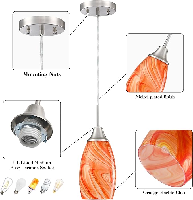 Viinew Mini Glass Pendant Light 4.72" with Handblown Orange Marble Art Glass Hanging Light 3-Pack Oval Ceiling Hanging Light Fixture for Dining Room Kitchen Island Cafe Foyer Hallway