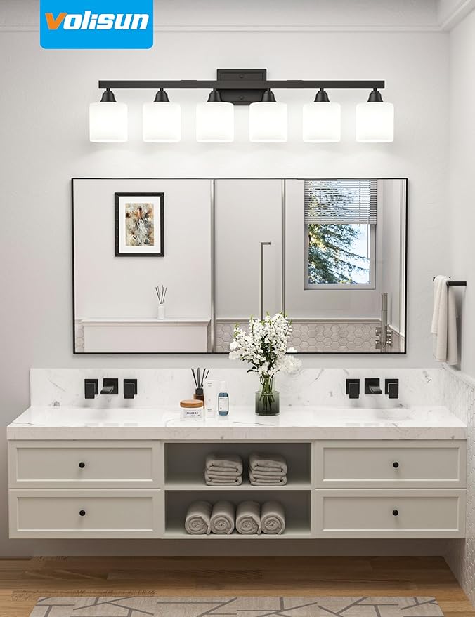 VOLISUN Matte Black Bathroom Light Fixtures, 6-Light Bathroom Vanity Lights Over Mirror, Modern Vanity Light for Bathrooms, Bathrooms Lights Fixtures Over Mirror with Milky White Frosted Glass Shades