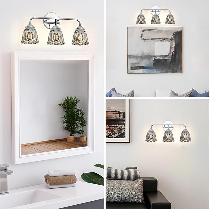 Daunton Vintage 3 Light Vanity Light, Chrome Bathroom Vanity Light, Bathroom Light Fixtures with Smokegray Glass Shade, Antique Vanity Light Fixtures Over Mirror, Wall Sconce for Bedroom, Living Room