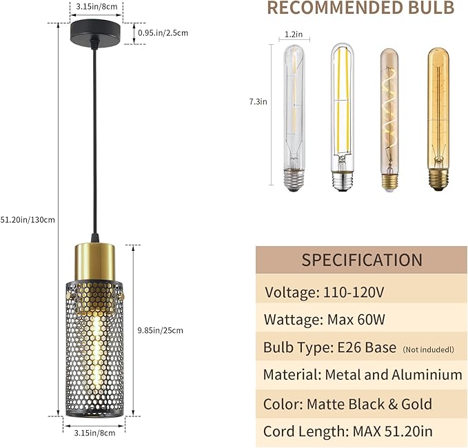Modern Pendant Light Fixtures, Gold Cylinder Pendant Lapms with Iron Mesh, Adjustable Metal Ceiling Hanging Light Fixture for Kitchen Island Dining Room Entryway Bar 1-Light