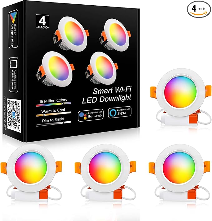 LEDLightsWorld 3 inch Smart Recessed Lighting, 110V 5W, WiFi RGBCW 2700K-6000K Dimmable Color Changing LED Retrofit Downlight, CRI 80 with Driver, Compatible with Alexa/Google Assistant, 4 Pack