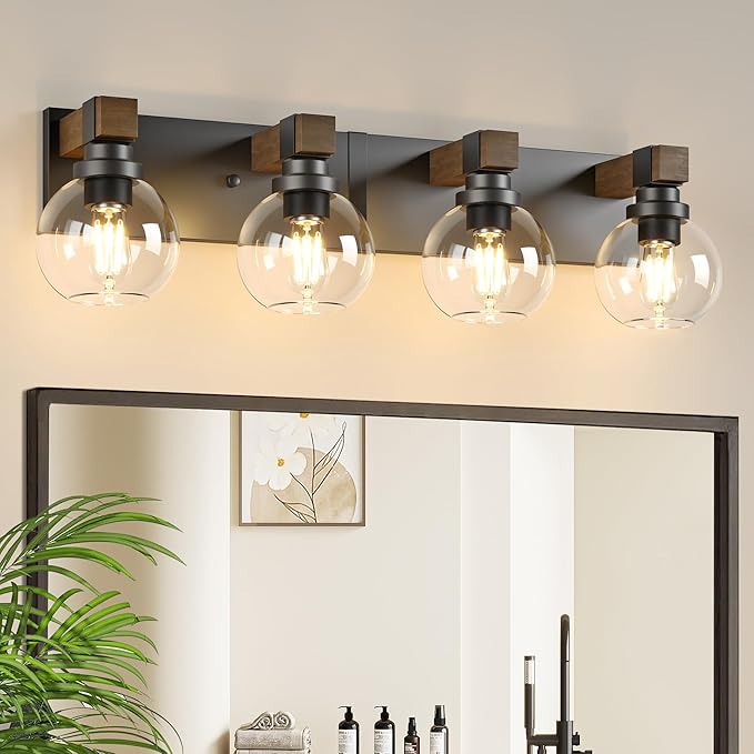 Farmhouse Bathroom Vanity Light Fixtures, 4-Light Wood Bathroom Light Fixtures Over Mirror, Rustic Vanity Lighting with Glass Shade for Living Room, Bedroom, Hallway