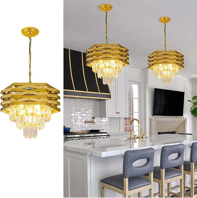 Gold Crystal Chandelier 5-Lights 15.75" Modern Crystal Pendant Light 3-Tier Luxury K9 Hanging Dining Room Lighting Fixtures for Bedroom Living Room Office Hallway Foyer Entryway Kitchen Sink