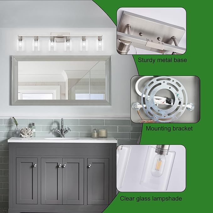6 Light Bathroom Vanity Light,Vanity Light with Clear Glass Rust Proof Moisture-proof Easy to Clean 40"Brushed Nickel Bathroom Lighting Fixtures over Mirror Large Vanity Light for Bathroom Wall Sconce