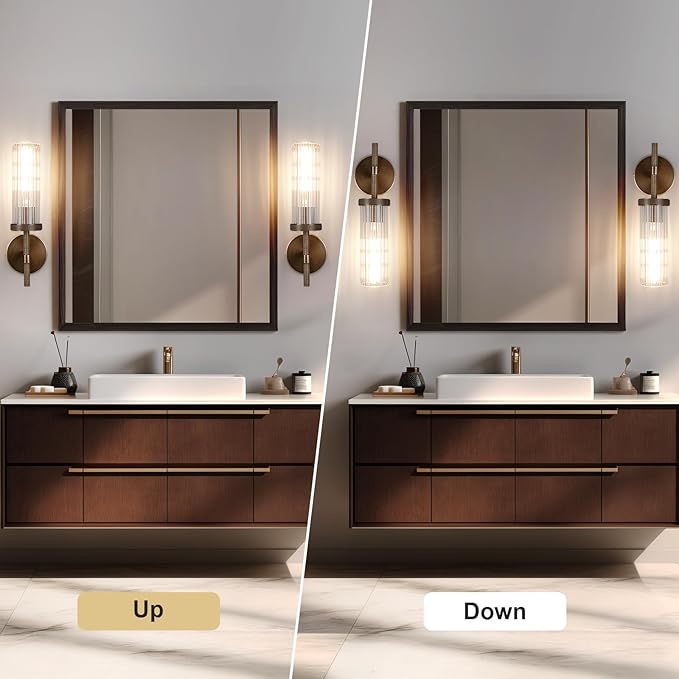 15" Knurled Brass Wall Sconce with Vertical Striped Glass Tube, Bronze Bathroom Vanity Light Fixtures, Modern Lamp Lighting for Bedroom, Living Room, Hallway, Staircase, Mirror, Kitchen