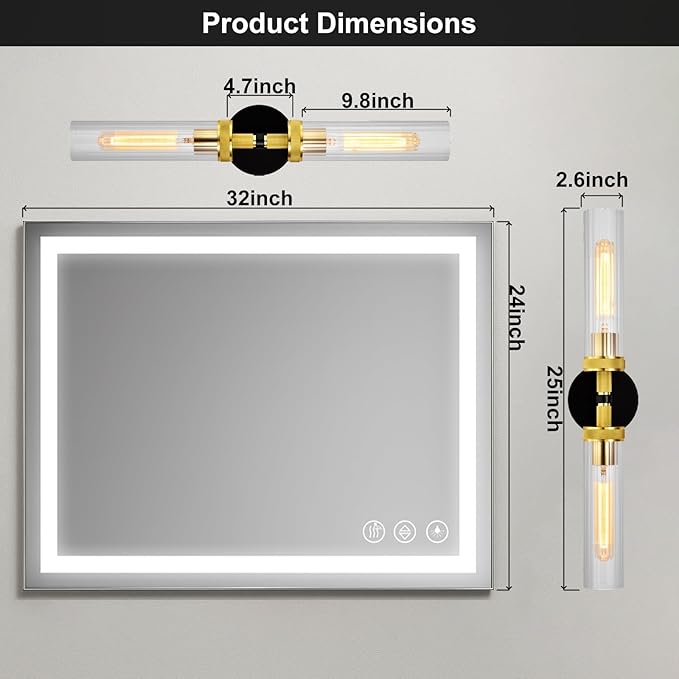 LaLuLa Black and Gold Vanity Light Fixtures – Modern Hardwired Dual-Light Wall Sconces with Rippled Glass Shades, Textured Metal Bathroom Lighting for Over Mirror or Hallway, 25" Height