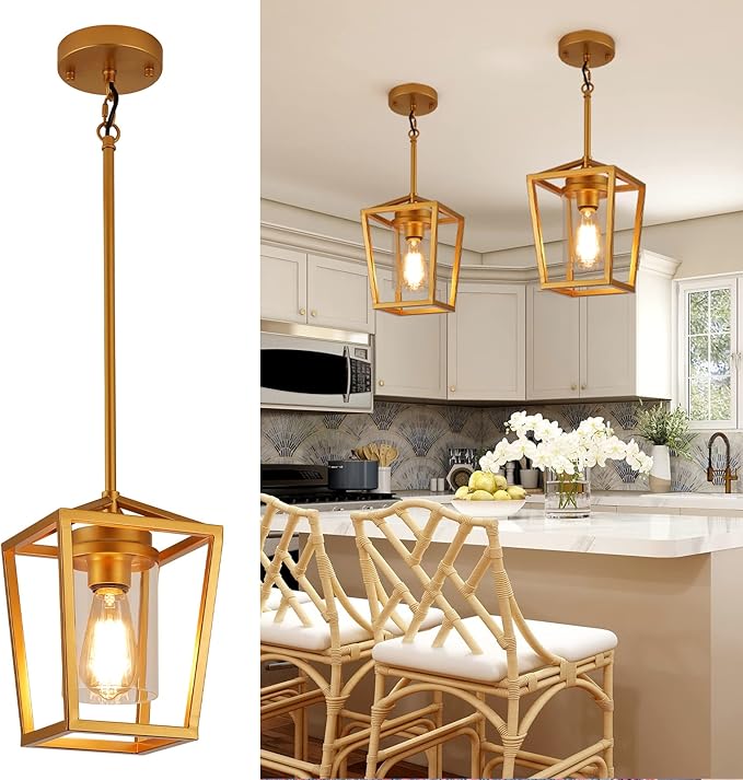 SGLfarmty 7 Inch Farmhouse Brass Pendant Light, Adjustable Lantern Hanging Light with Clear Glass Shade, Modern Ceiling Fixture for Kitchen Island Dining Room Foyer Entryway, Sloped Ceiling Compatible