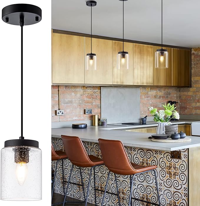 3 Pack Seeded Glass Pendant Light Black Pendant Lighting Modern Mini Hanging Lighting Adjustable Cord for Kitchen Island Dining Room Sink,4.7in