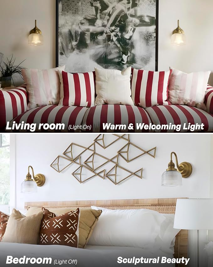 Vintage Wall Sconce Antique Brass Gold Bathroom Vanity Light with Clear Checkered Glass Shade Indoor Hardwire Wall Mounted Lamp Light for Bathroom Mirror Living Room Bedroom Kitchen