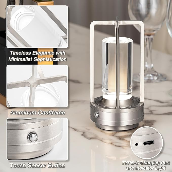 Rechargeable Table Lamp Cordless, 3 Color | Crystal | Stepless Dimming, for Bedroom, Cafe, Camping, Dining Table, Home Decor, 2 Pack (Silver)