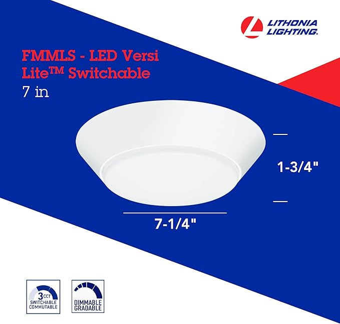 Lithonia Lighting Versi Lite LED Flush Mount Ceiling Light, 3-In-1 Switchable White Light, Dimmable LED Lights for Bedroom, Bathroom, Hallway, 7" Round, White