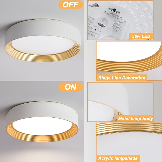 Dimmable Modern LED Flush Mount Ceiling Light,15.7 Inch 5CCT 36W/3000K-6000K,Minimalist Round White and Gold Close to Ceiling Lighting Fixtures for Bedrooms,Dining Rooms,Living Room,Kitchens