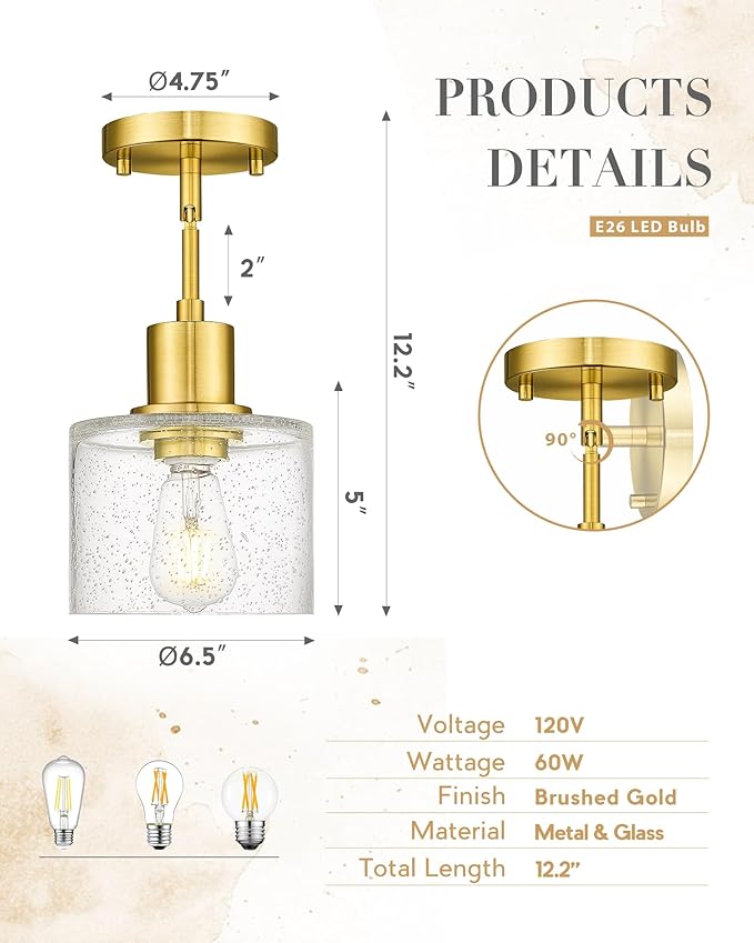 LMS Modern 1-Light Semi Flush Mount Ceiling Light, Brushed Gold Close to Ceiling Light with Seeded Glass Shade, Farmhouse Lighting for Hallway Corridor Kitchen, LMS-101GD