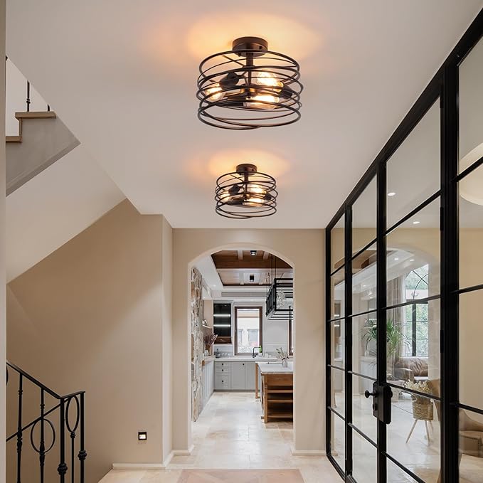 Black 3-Light Rustic Drum Semi Flush Ceiling Light Fixture, Retro Farmhouse Chandeliers Metal Cage for Dining Room, Industrial Pendant Light Fixture for Entryway Kitchen Foyer Bedroom