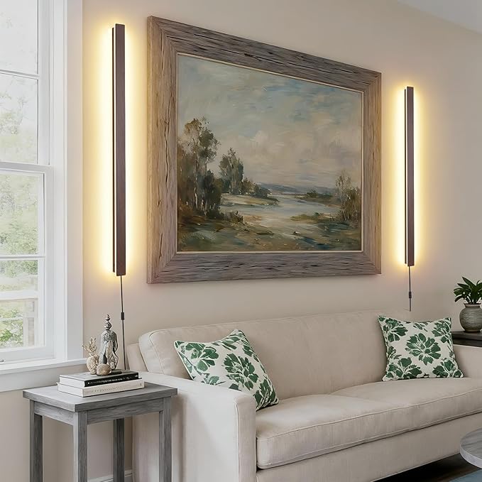 KELUOLY Farmhouse Plug in Long Wall Sconce, 39.3" Faux Walnut Finish LED Wall Lights, 20W Warm White 3000K Acrylic Indoor Wall lamp, with 59" Plug Cable for Bedroom, Living Room, Hallway
