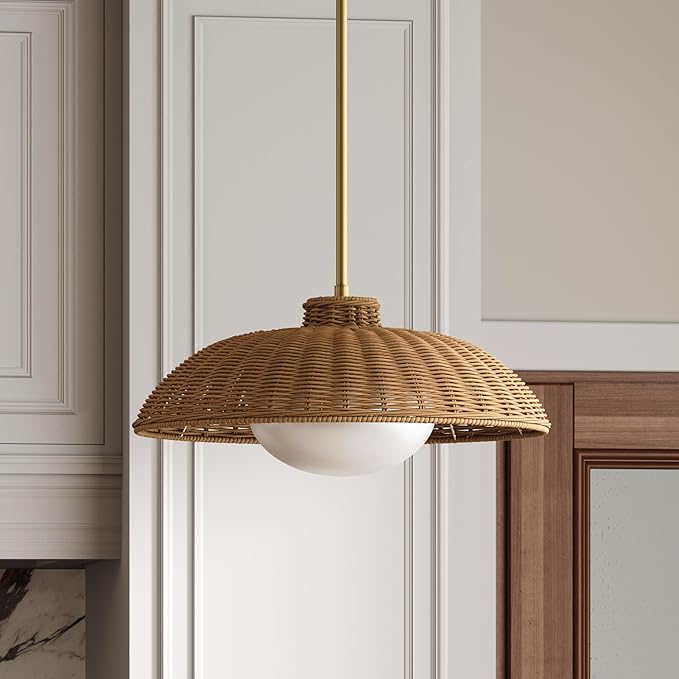 Nathan James Belleville Boho Rattan Pendant Light with Diffuser, Sloped Ceiling Pendant Light with Rattan Shade and Glass Diffuser