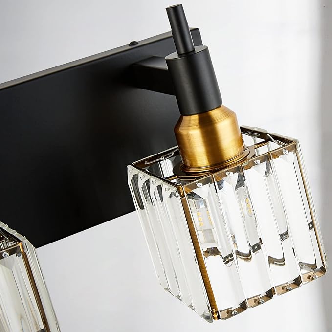 Modern Crystal Bathroom Vanity Light 3-Light Brass Wall Light Fixtures Over Mirror Black and Gold Vanity Lighting for Bathroom Square Shade Brass Wall Sconce