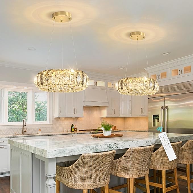 HAIXIANG Crystal Round Chandelier Modern LED Dining Pendant Lights for Kitchen Island Dining Room Remote Dimmable Hanging Light Entrance Bedroom Lighting Gold