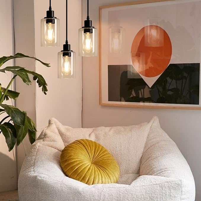 MAXvolador Industrial 3-Light Pendant Light, Adjustable Hanging Light Fixture with Clear Glass Shade, Pendant Lighting E26 Base Ceiling Lamp, Black
