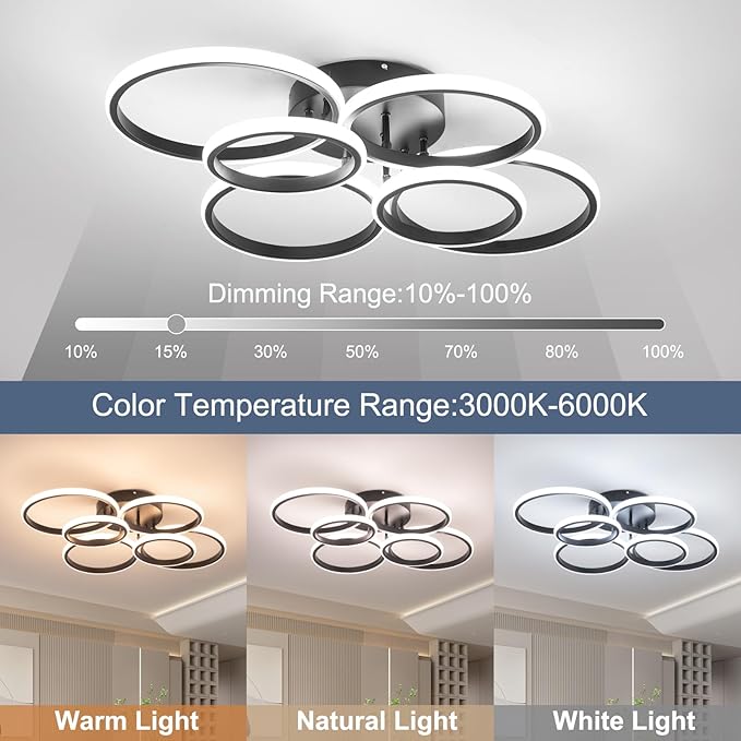 Modern Ceiling Lights, 6 Rings Dimmable Black LED Ceiling Light Fixtures with Remote Control, 60W Close to Ceilings Lighting for Living Room, Bedroom, Dining Room