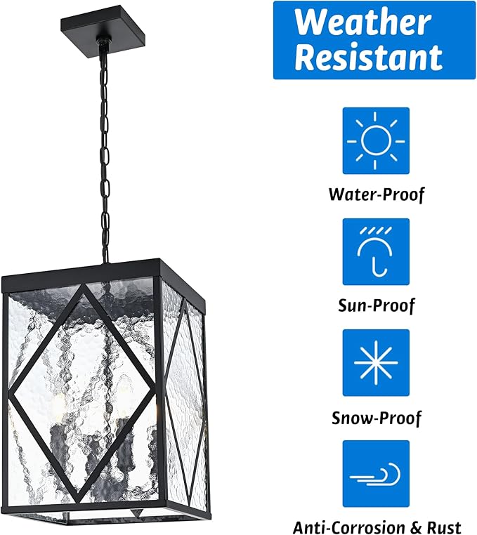 Outdoor Pendant Light with Water Ripple Glass, 4-Light Exterior Hanging Porch Light, Large Lantern Pendant Light, Waterproof Black Outside Chandelier for House Front Door Patio Entrance