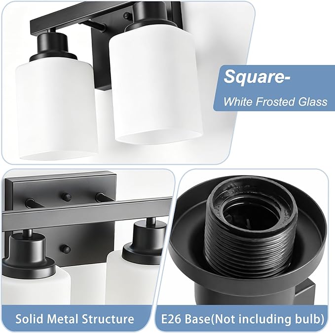 2 Light Bathroom Vanity Light,Matte Black Vanity Lights with Clear Glass,Bathroom Lighting Fixtures Over Mirror,Wall Light Fixtures for Living Room,Bedroom,Hallway(E26 Base)