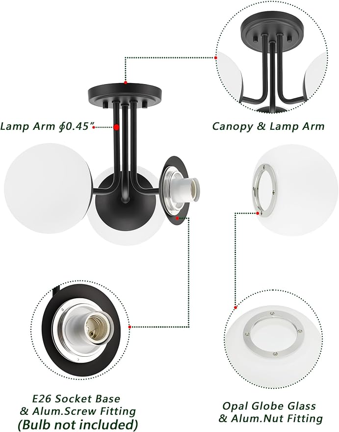 3 Light Semi Flush Mount Ceiling Light Fixture, Modern Globe Chandelier, Sputnik Farmhouse Lighting for Kitchen Bedroom Bathroom Living Room Corridor Laundry Room Bar (Matte Black)