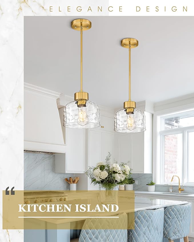 Gold Pendant Lights Kitchen Island, 8" Hanging Light Fixtures with Hand-Blown Hammered Clear Glass, Modern Brass Kitchen Pendant Lighting Over Island for Dining Room, AD-24024-1PL-GD-H