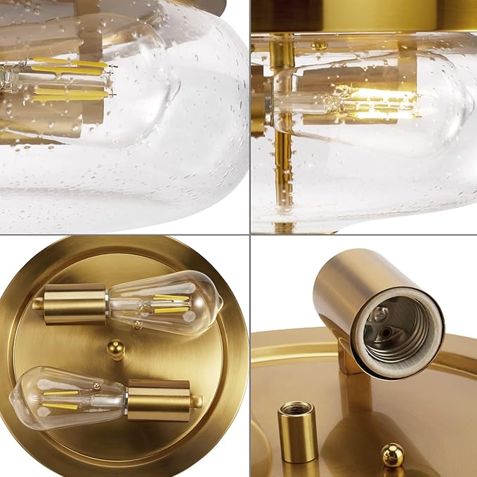Darkaway Ceiling Light Fixtures Flush Mount, Indoor Outdoor Ceiling Light with Seeded Glass Shade for Hallway, Kitchen, Bedroom, Porch, Gold
