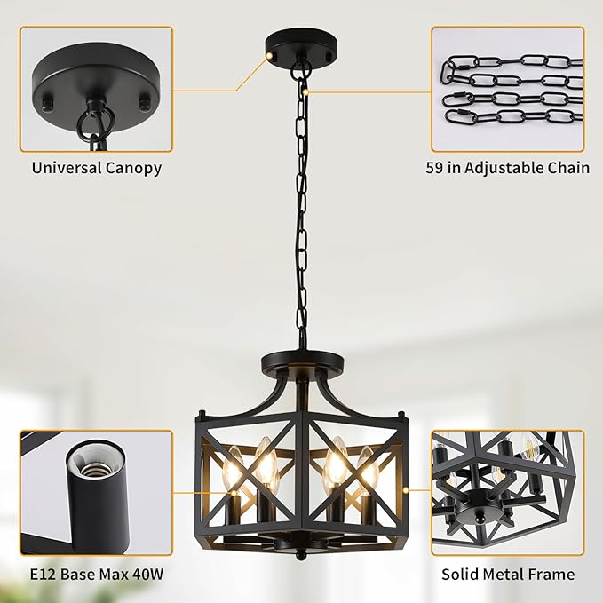 6-Light Pendant Lights Kitchen Island, Modern Black Pendant Light Fixture with Hexagonal Metal Cage, Adjustable Geometric Hanging Light for Entryway Foyer Dining Room, 1 Pack