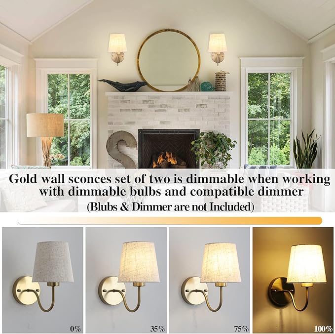 LASENCHOO Gold Wall Sconces Set of Two, Modern Sconces Wall Lighting Vintage Wall Light Fixtures with Fabric Lampshade, Bedside Wall Lamps for Bedroom Living Room Hallway Entryway