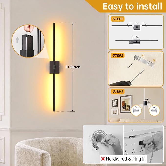 Shenmoyl Battery Operated Wall Sconce Set of 2, 10000mAh Rechargeable Wall Sconces with Detachable Battery, Indoor 350°Rotate Wall Lights for Bedroom Living Room, Black, 31.5 Inch