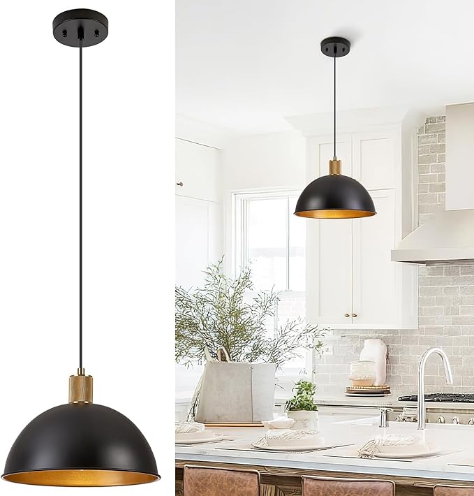 12 Inch Black Dome Pendant Lights for Kitchen Island, Height Adjustable Farmhouse Industrial Hanging Light Fixtures Over Table for Dining Room, Entryway, 1 Pack
