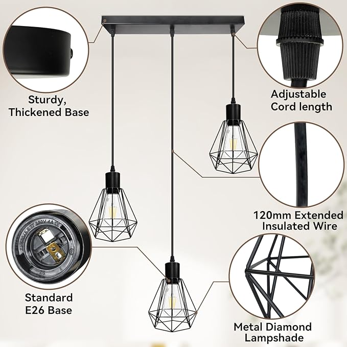 LTBLIGHT 3-Light Black Pendant Light Fixture, Industrial Hanging Lighting with 1.2m Adjustable Cord, Ceiling Lamp for Kitchen Bedroom Hallway Dining Room E26 Base (Bulb Not Included)