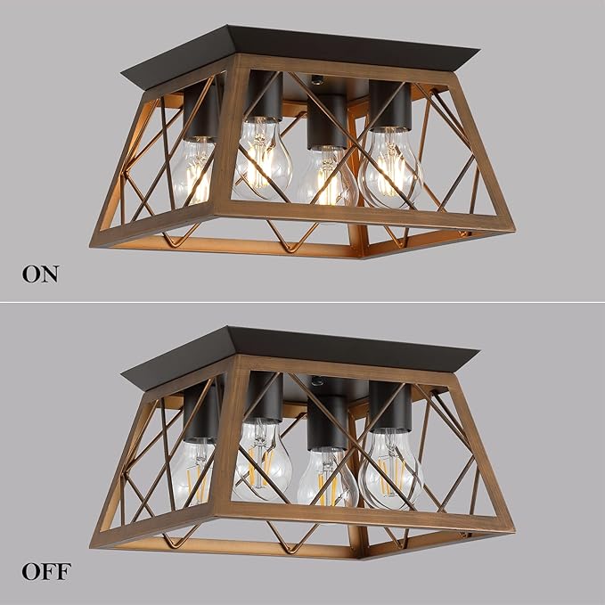 Q&S Semi Flush Mount Vintage 4-Light Bronze Farmhouse Ceiling Light Geometric Rustic Island Light Fixtures for Entryway Hallway Dining Room Living Room Bedroom