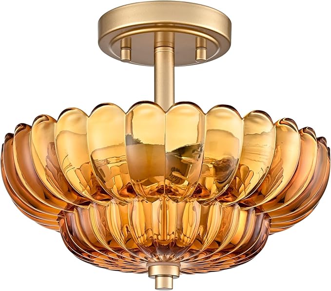 Semi Flush Mount Ceiling Light Fixture, Amber Glass 3-Light Modern Vintage Ceiling Lights, Scalloped Close to Ceiling Light, Gold Base Flush Mount Ceiling Light for Hallway Bedroom Entryway Kitchen