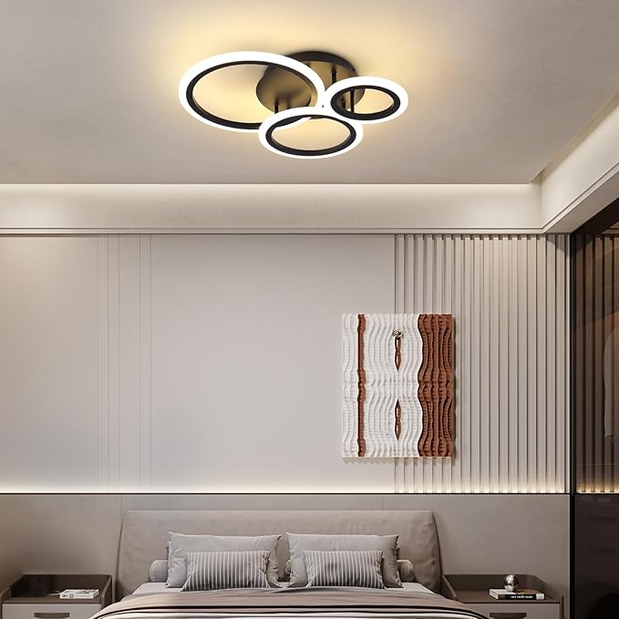 Acrylic Modern Led Ceiling Light 3 Rings Black Ceiling Light Fixture Dimmable Flush Mount Ceiling Light with Remote Control for Bedroom Dining Room Kitchen Office Lamp