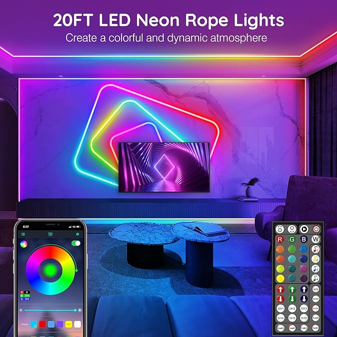 AILBTON 20Ft Neon Rope Lights,Flexible Led Rope Lights Control with App/Remote,Multiple Modes RopeLights,IP65 Outdoor RGB Led Neon Lights NonWater Resistant,Music Sync Gaming Led NeonLight Strip