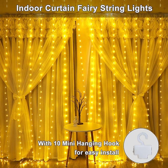 300 LED Curtain String Lights, Fairy String Lights with 8 Light Modes & Remote Controlled, 9.8x9.8ft Indoor Outdoor String Lights for Christmas, Weddings, Party, Bedroom, Wall, Window (Warm white)