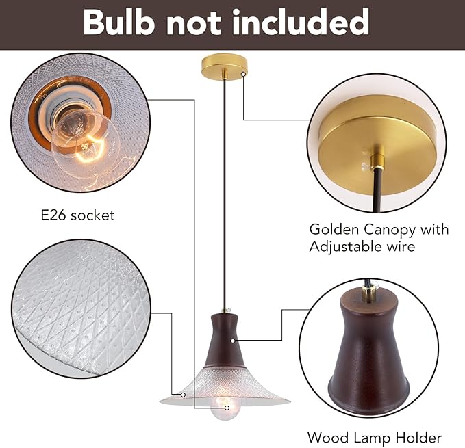 Vintage Farmhouse Glass Pendant Light Fixture 9 Inch Industrial Clear Ceiling Hanging Light with Walnut Wood lamp Holder for Kitchen Island Hallway Bar Dining Room Bedroom Foyer（3 Pack）