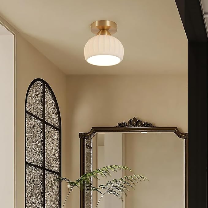 2 Pack Ceramic Brass Semi Flush Mount Ceiling Light Vintage Hallway Light Fixtures, Modern Small Ceiling Mount Light Lamp for Hall Kitchen Entryway Passway Porch Foyer