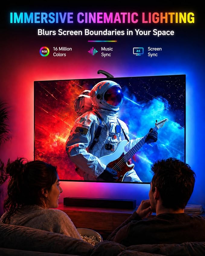 TV LED Backlight with Sensor, LED Sync Lights for TV 55-65 Inch, Smart Camera Sync to Screen, Ambient RGB Strip Lights for Gaming & Home Theater, App Control (14.7ft)