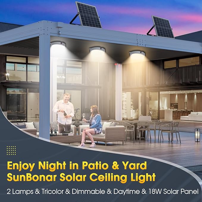 Solar Ceiling Lights Indoor Outdoor 2 Pack, Dimmable Daytime 3000K/4000K/6000K Solar Shed Lights with ON/Off Switch & Remote, Waterproof Barn Lights for Home Porch Chicken Coop