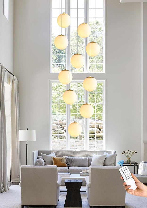 ykolupty 10-Light Gold Chandelier with White Globe Glass Dimmable Ceiling Light Glass Pendant Light for Kitchen Island, Dining Room, Living Room, Entry Hallway, LED Bulbs Included