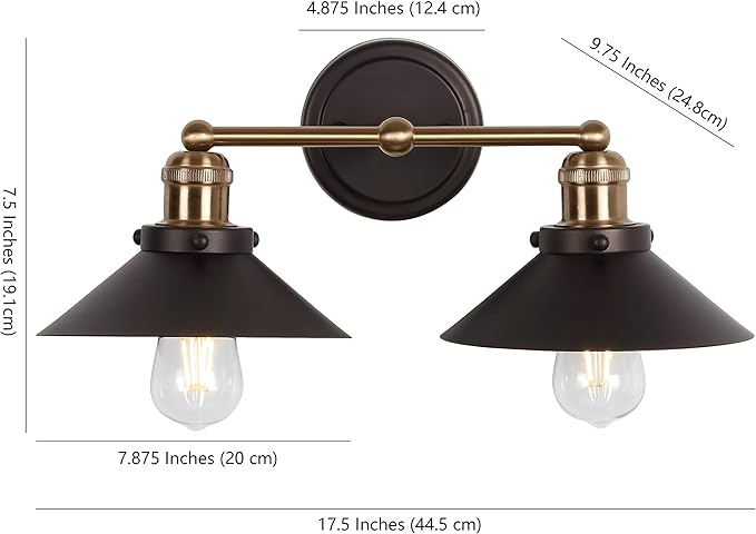 JONATHAN Y 17.5" Oil Rubbed Bronze/Brass Gold 2-Light Industrial Farmhouse Metal Vanity Light Wall Sconce, Metal Shade for Bathroom Mirror, Kitchen, Entryway, LED Bulb Included (JYL7427C)